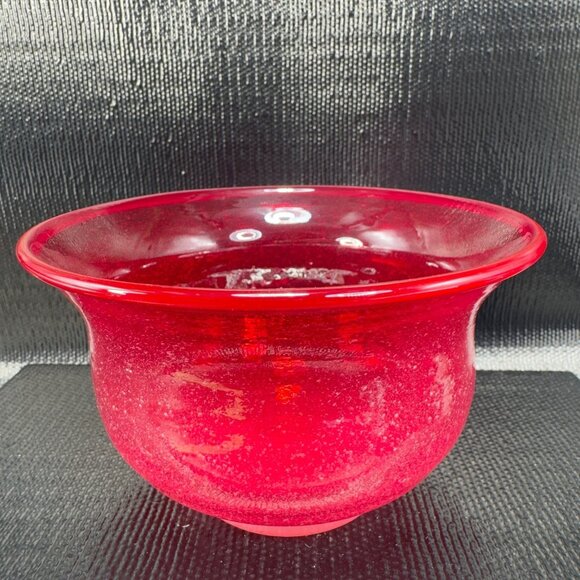 Vintage Art Glass Red Dish Bowl With White Textured Air Bubbles On Bottom Bowl - Picture 1 of 9